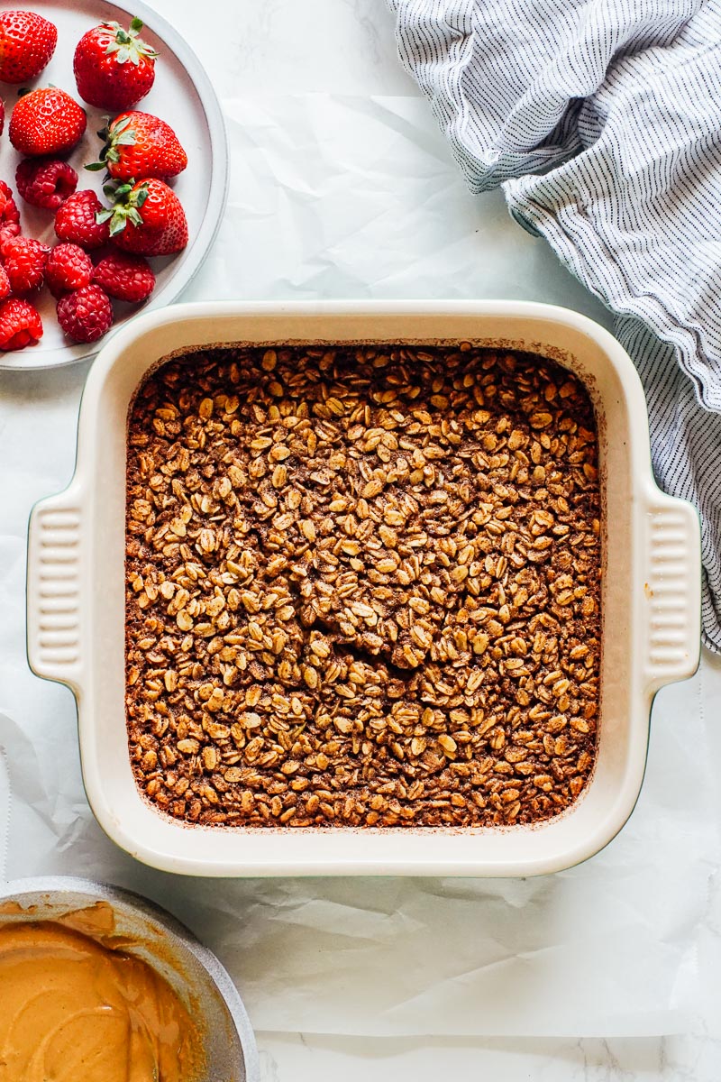 Baked oatmeal in a baking pan.