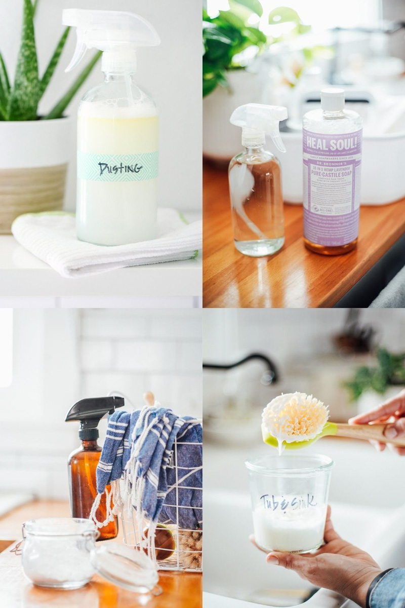 Cleaning products you can make with castile soap: dusting spray, scrub cleaner, all purpose spray.