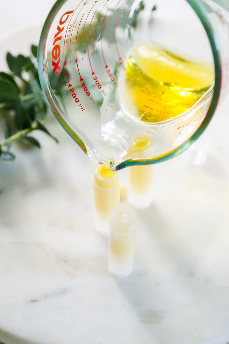 Once melted, add the liquid to lip balm tubes or containers.