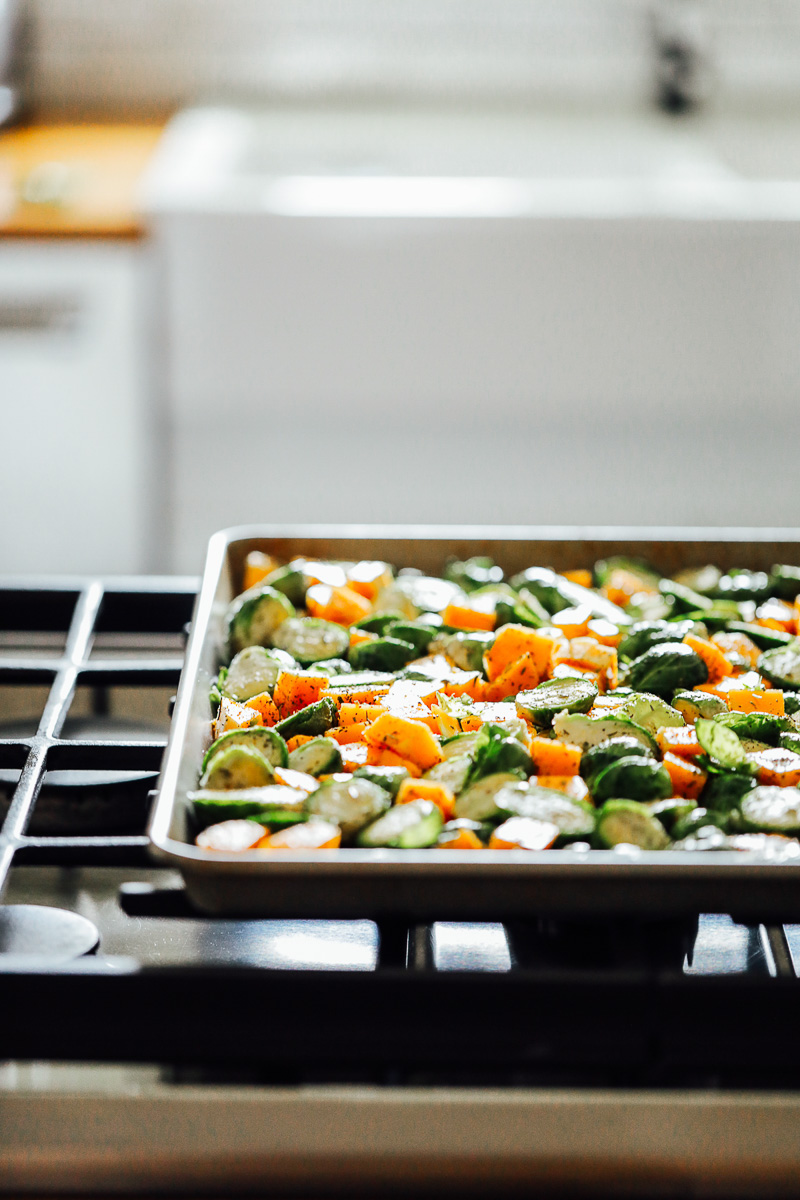 Toss the veggies in the olive oil and seasonings.