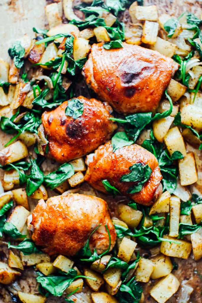 Sheet Pan Meal: Honey Mustard Chicken, Potatoes, and Spinach